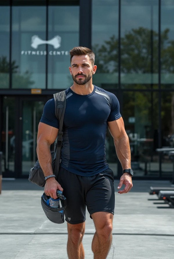 Спортсмен у спортивного зала Спортсмен у спортивного зала