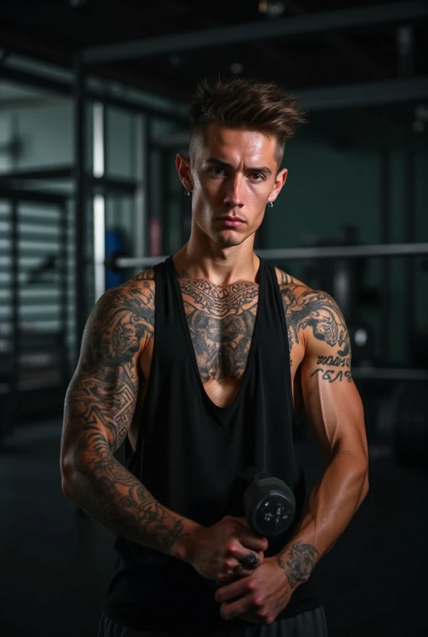 Молодой парень с короткой стрижкой и татуировками Молодой парень с короткой стрижкой и татуировками
