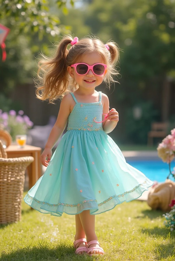 Девочка показывает легкий летний сарафан с солнцезащитными очками Девочка показывает легкий летний сарафан с солнцезащитными очками