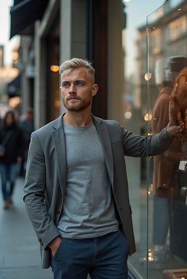 Блондин с короткой стрижкой и бородой у витрины Блондин с короткой стрижкой и бородой у витрины