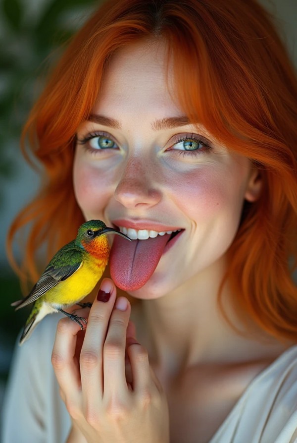 Рыжая девушка ухаживает за птичкой на языке Рыжая девушка ухаживает за птичкой на языке
