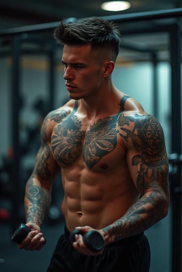 Молодой парень с короткой стрижкой и татуировками Молодой парень с короткой стрижкой и татуировками