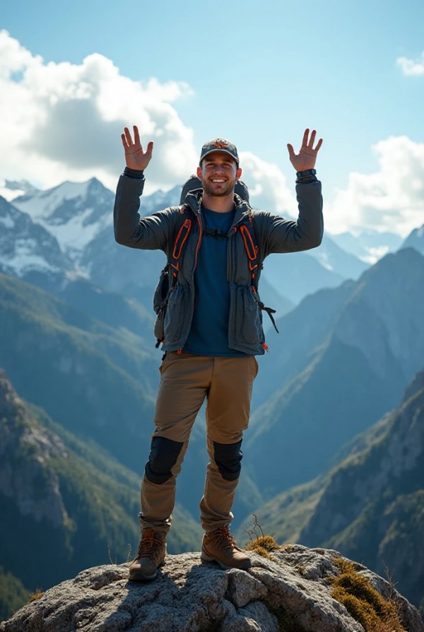 Молодой парень с рюкзаком на горной вершине Молодой парень с рюкзаком на горной вершине
