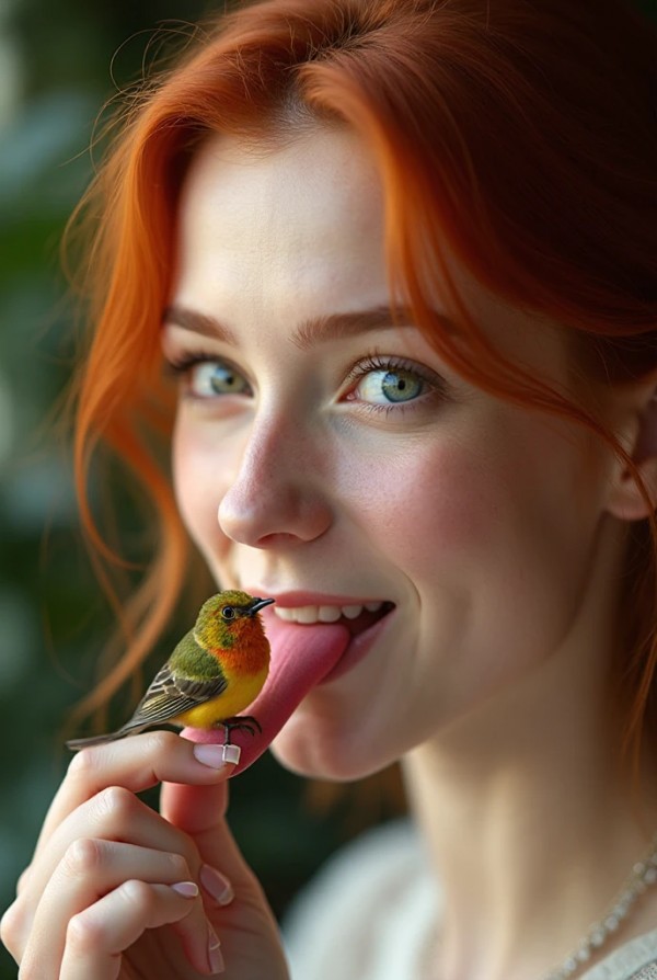 Рыжая девушка ухаживает за птичкой на языке Рыжая девушка ухаживает за птичкой на языке