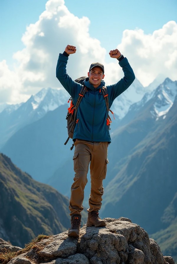 Молодой парень с рюкзаком на горной вершине Молодой парень с рюкзаком на горной вершине