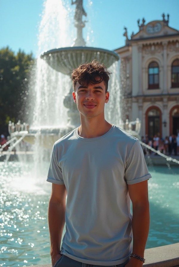 Молодой брюнет с короткой стрижкой у фонтана Молодой брюнет с короткой стрижкой у фонтана
