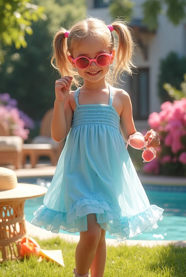 Девочка показывает легкий летний сарафан с солнцезащитными очками Девочка показывает легкий летний сарафан с солнцезащитными очками