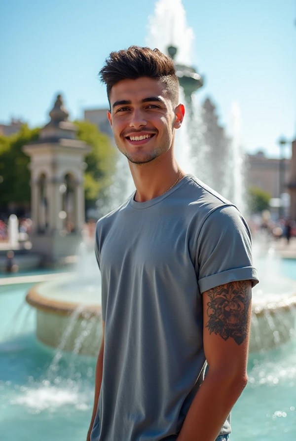 Молодой брюнет с короткой стрижкой у фонтана Молодой брюнет с короткой стрижкой у фонтана