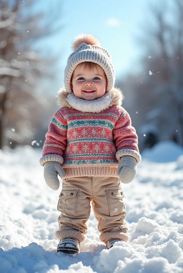 Малыш в теплых штанах и свитере для зимней прогулки Малыш в теплых штанах и свитере для зимней прогулки