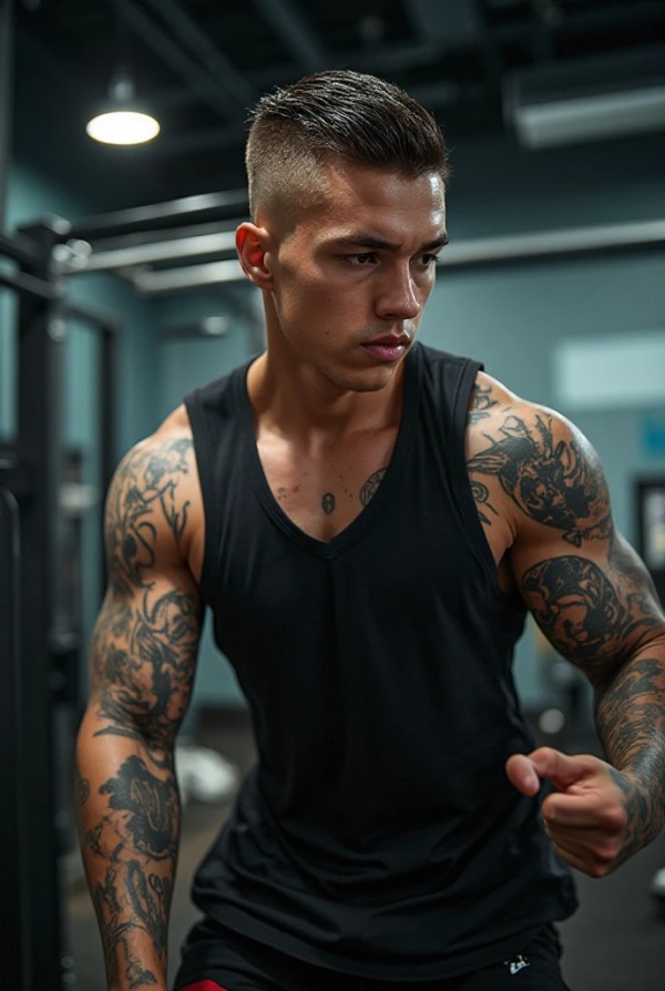 Молодой парень с короткой стрижкой и татуировками Молодой парень с короткой стрижкой и татуировками