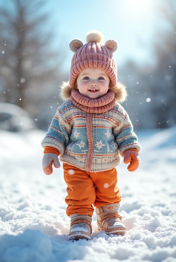 Малыш в теплых штанах и свитере для зимней прогулки Малыш в теплых штанах и свитере для зимней прогулки