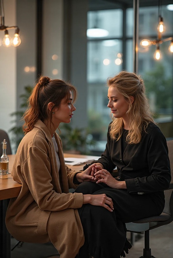 Блондинка и брюнетка в офисе, работают за ноутбуками вечером Блондинка и брюнетка в офисе, работают за ноутбуками вечером