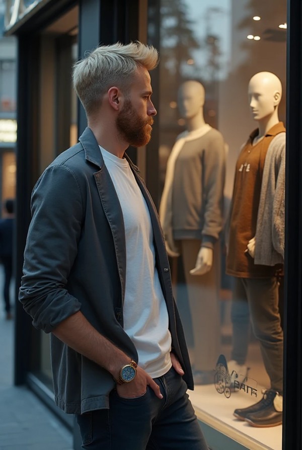 Блондин с короткой стрижкой и бородой у витрины Блондин с короткой стрижкой и бородой у витрины