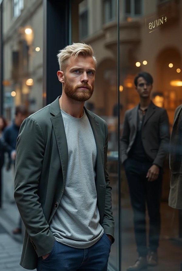 Блондин с короткой стрижкой и бородой у витрины Блондин с короткой стрижкой и бородой у витрины