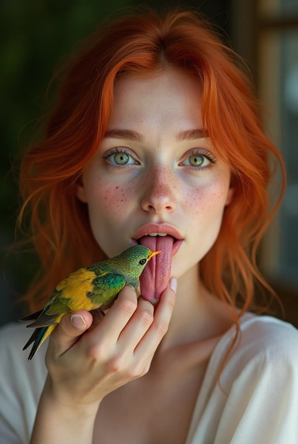 Рыжая девушка ухаживает за птичкой на языке Рыжая девушка ухаживает за птичкой на языке