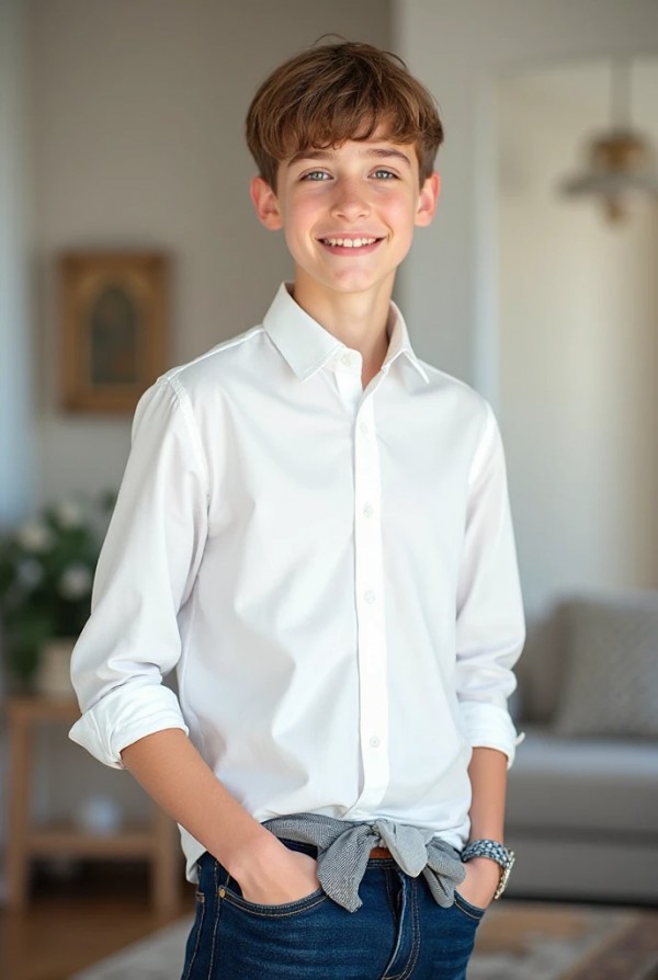 Мальчик в классической рубашке и джинсах для семейных фото Мальчик в классической рубашке и джинсах для семейных фото