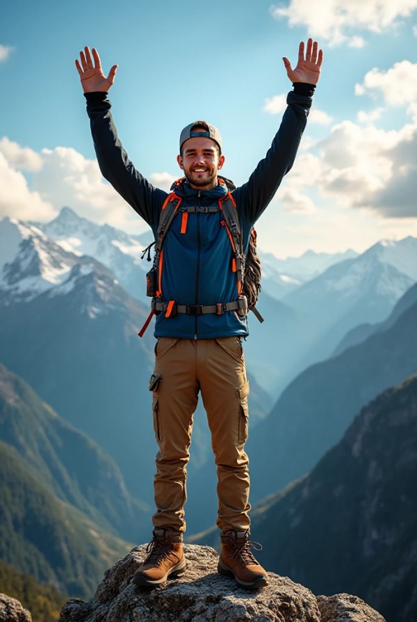 Молодой парень с рюкзаком на горной вершине Молодой парень с рюкзаком на горной вершине