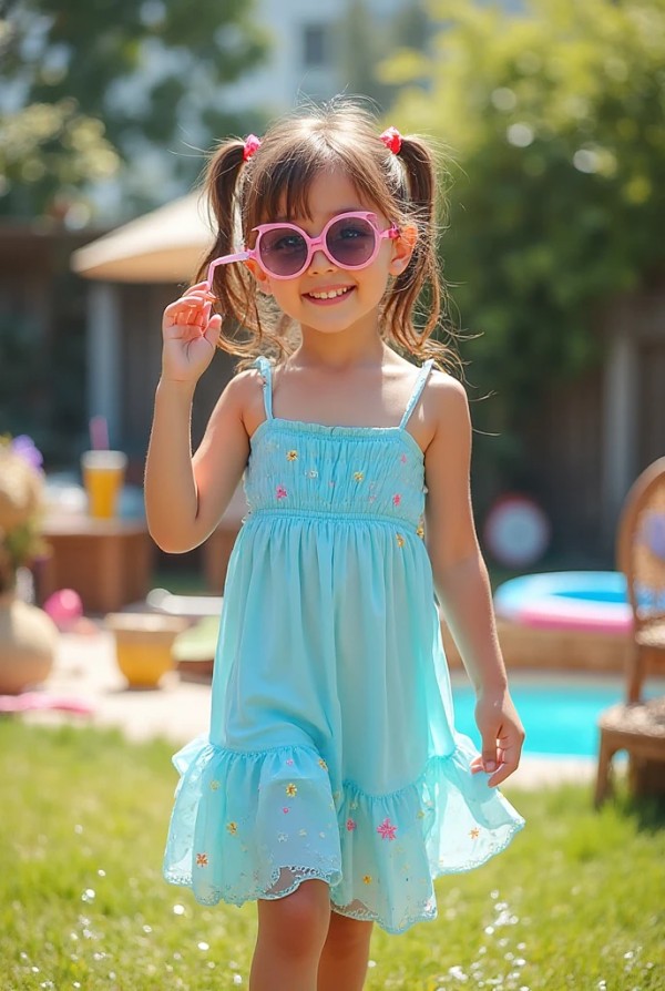 Девочка показывает легкий летний сарафан с солнцезащитными очками Девочка показывает легкий летний сарафан с солнцезащитными очками