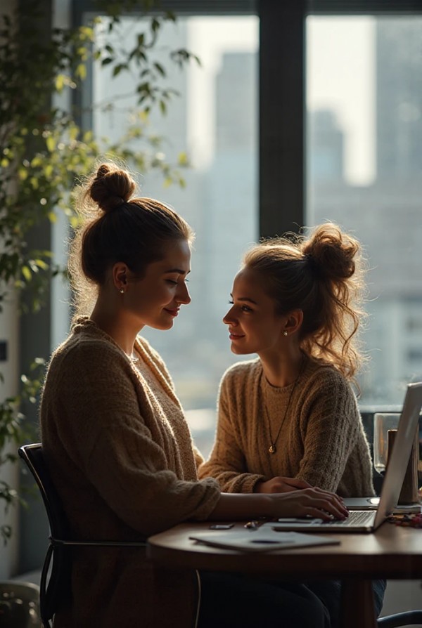 Блондинка и брюнетка в офисе, работают за ноутбуками вечером Блондинка и брюнетка в офисе, работают за ноутбуками вечером