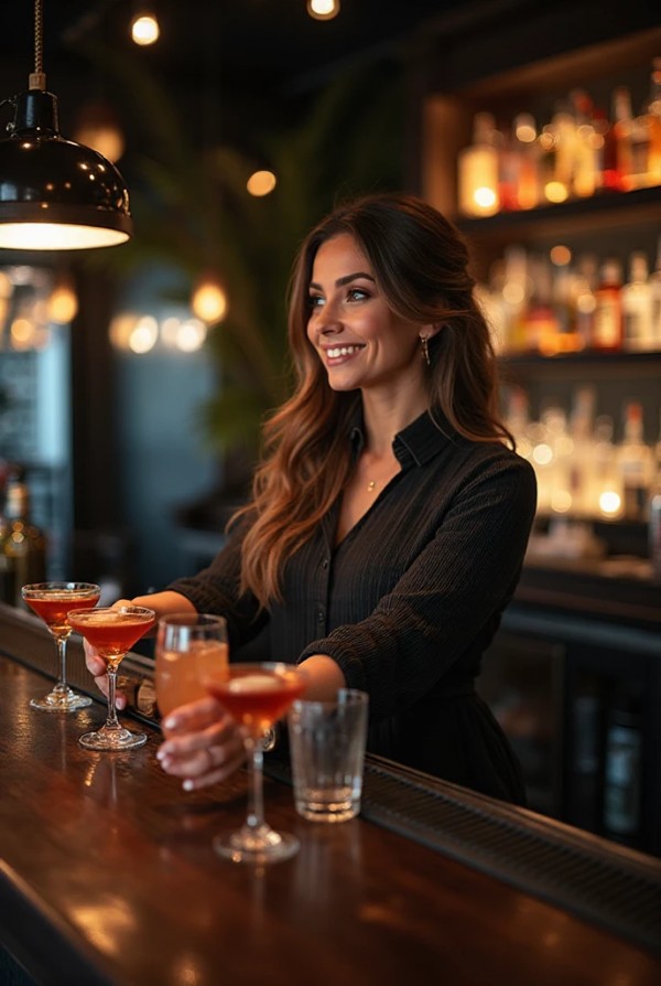 Привлекательная девушка запускает свой бар с коктейлями Привлекательная девушка запускает свой бар с коктейлями