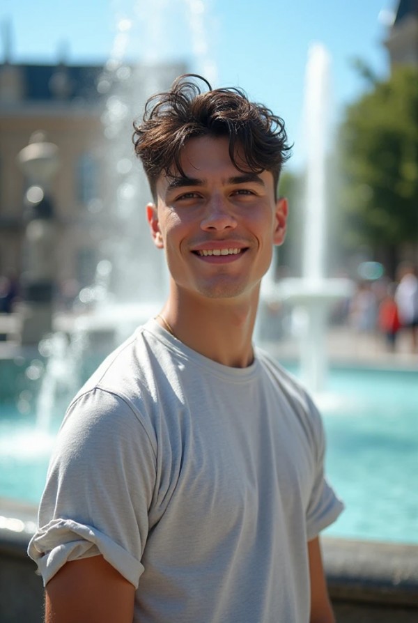 Молодой брюнет с короткой стрижкой у фонтана Молодой брюнет с короткой стрижкой у фонтана