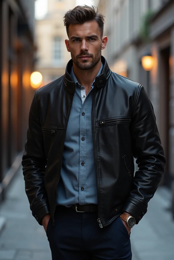 Мужчина в кожаном пиджаке и классических брюках Мужчина в кожаном пиджаке и классических брюках