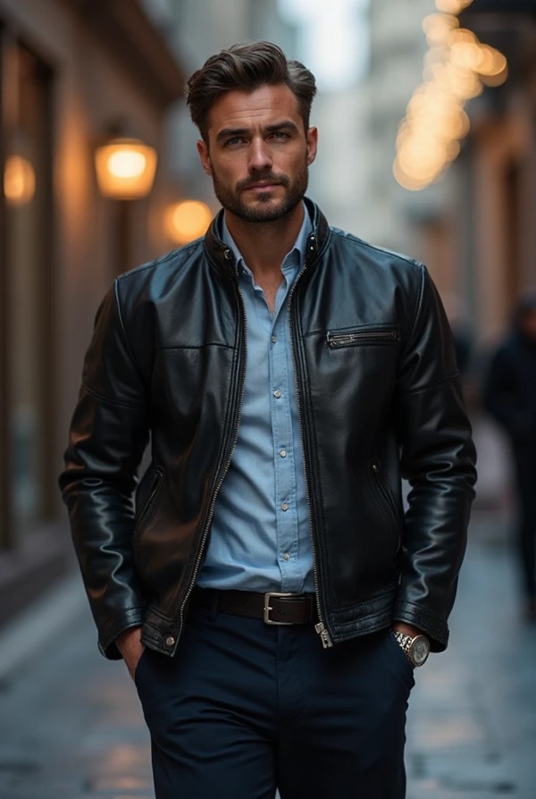 Мужчина в кожаном пиджаке и классических брюках Мужчина в кожаном пиджаке и классических брюках