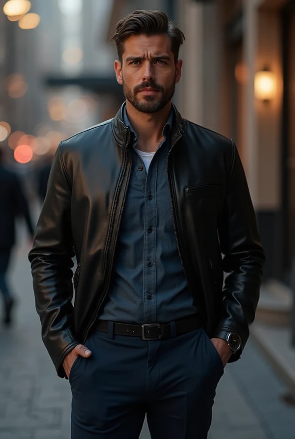 Мужчина в кожаном пиджаке и классических брюках Мужчина в кожаном пиджаке и классических брюках