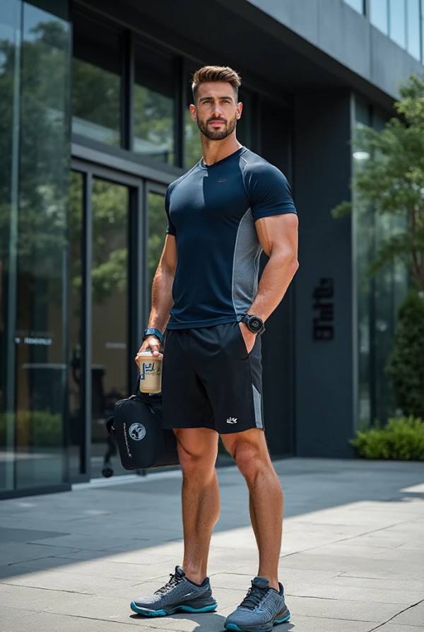 Спортсмен у спортивного зала Спортсмен у спортивного зала