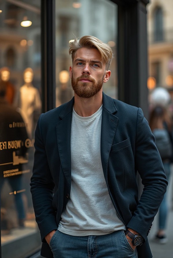 Блондин с короткой стрижкой и бородой у витрины Блондин с короткой стрижкой и бородой у витрины