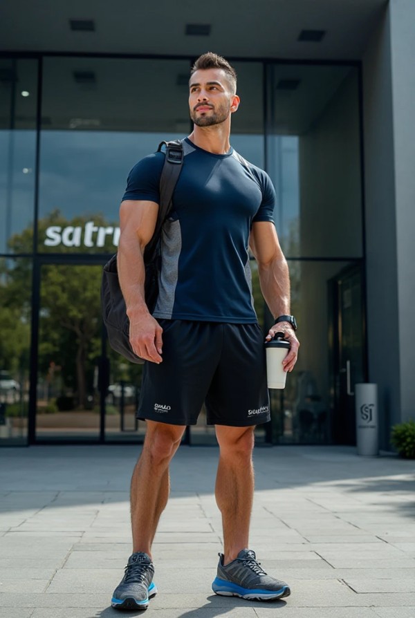 Спортсмен у спортивного зала Спортсмен у спортивного зала