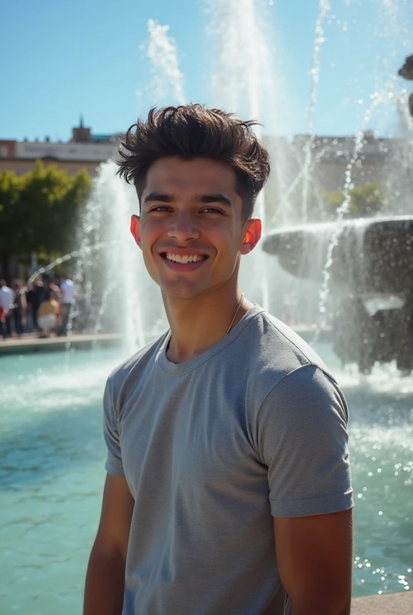 Молодой брюнет с короткой стрижкой у фонтана Молодой брюнет с короткой стрижкой у фонтана