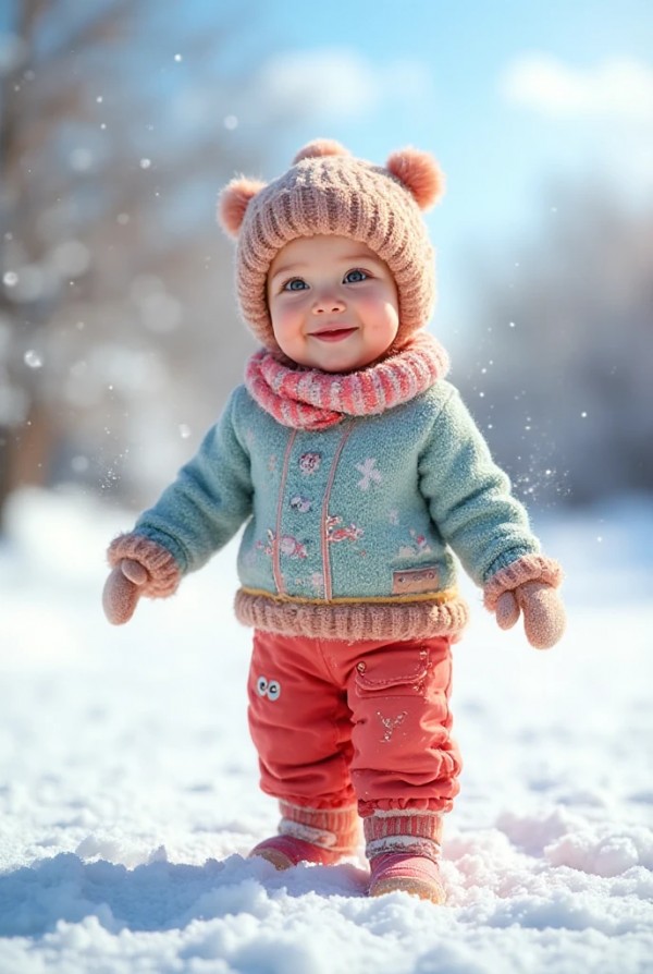 Малыш в теплых штанах и свитере для зимней прогулки Малыш в теплых штанах и свитере для зимней прогулки
