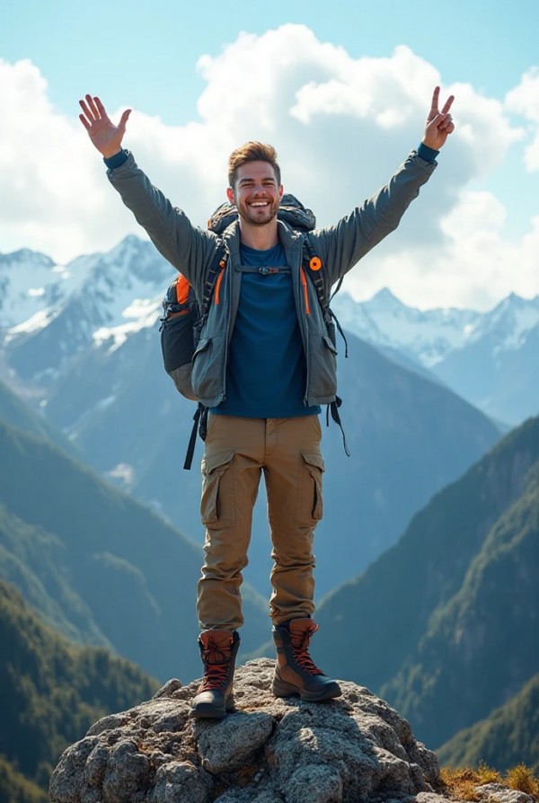 Молодой парень с рюкзаком на горной вершине Молодой парень с рюкзаком на горной вершине