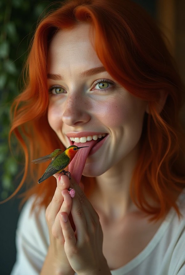 Рыжая девушка ухаживает за птичкой на языке Рыжая девушка ухаживает за птичкой на языке