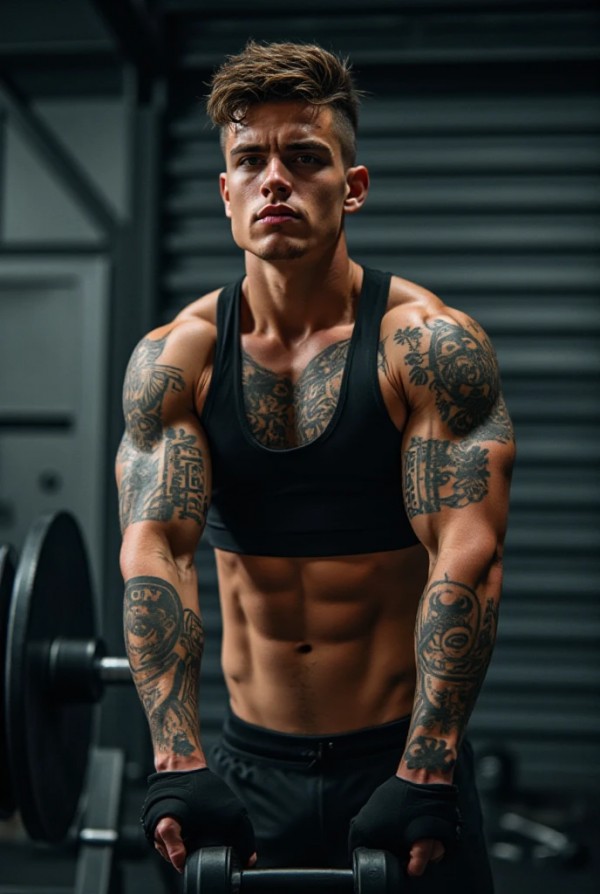 Молодой парень с короткой стрижкой и татуировками Молодой парень с короткой стрижкой и татуировками