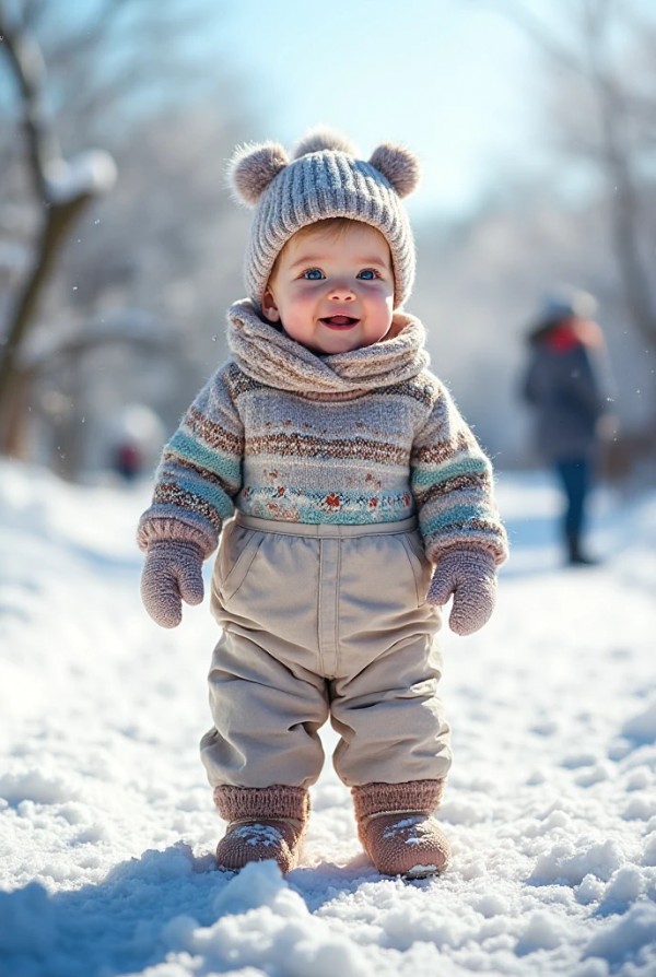 Малыш в теплых штанах и свитере для зимней прогулки Малыш в теплых штанах и свитере для зимней прогулки