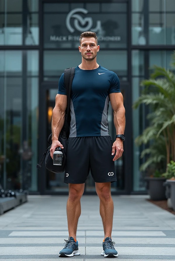 Спортсмен у спортивного зала Спортсмен у спортивного зала