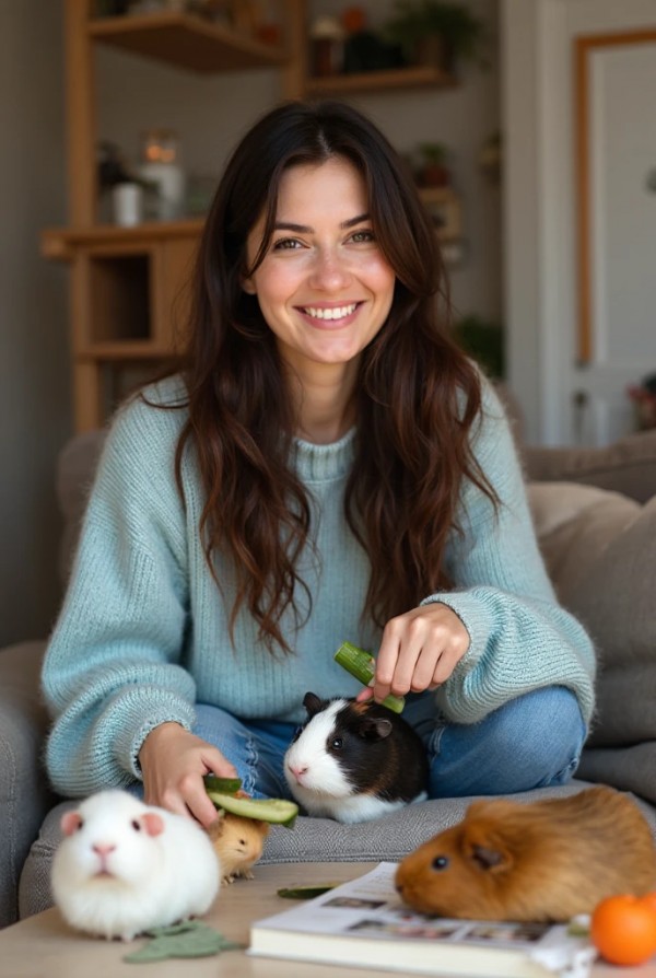 Темноволосая девушка делится секретами ухода за морскими свинками Темноволосая девушка делится секретами ухода за морскими свинками