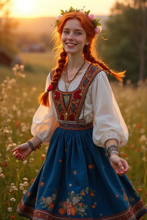 Энергичная рыжая в национальной одежде Энергичная рыжая в национальной одежде