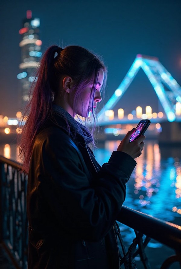 Девушка на мосту с подсветкой, делая ночное фото с отражением в воде Девушка на мосту с подсветкой, делая ночное фото с отражением в воде
