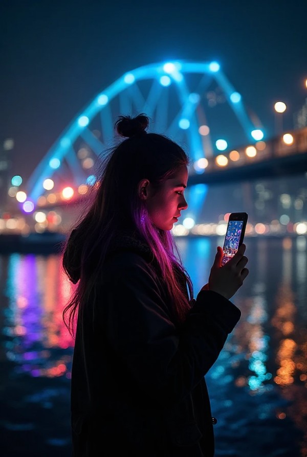 Девушка на мосту с подсветкой, делая ночное фото с отражением в воде Девушка на мосту с подсветкой, делая ночное фото с отражением в воде
