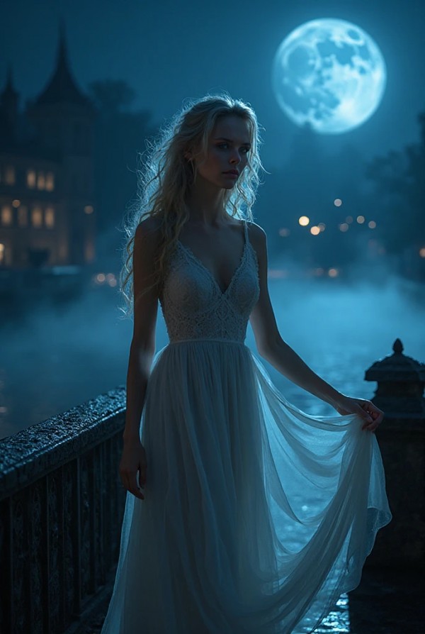Блондинка в воздушном платье на мосту при лунном свете Блондинка в воздушном платье на мосту при лунном свете