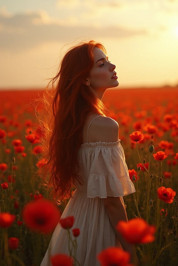 Рыжая в поле с маков и длинными волосами на ветру Рыжая в поле с маков и длинными волосами на ветру
