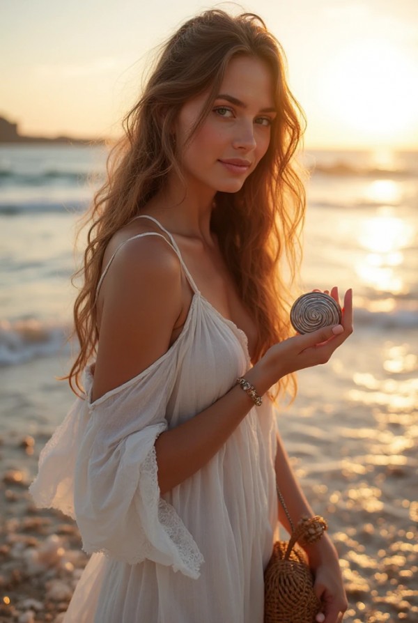 Красотка гуляет по побережью и собирает ракушки Красотка гуляет по побережью и собирает ракушки