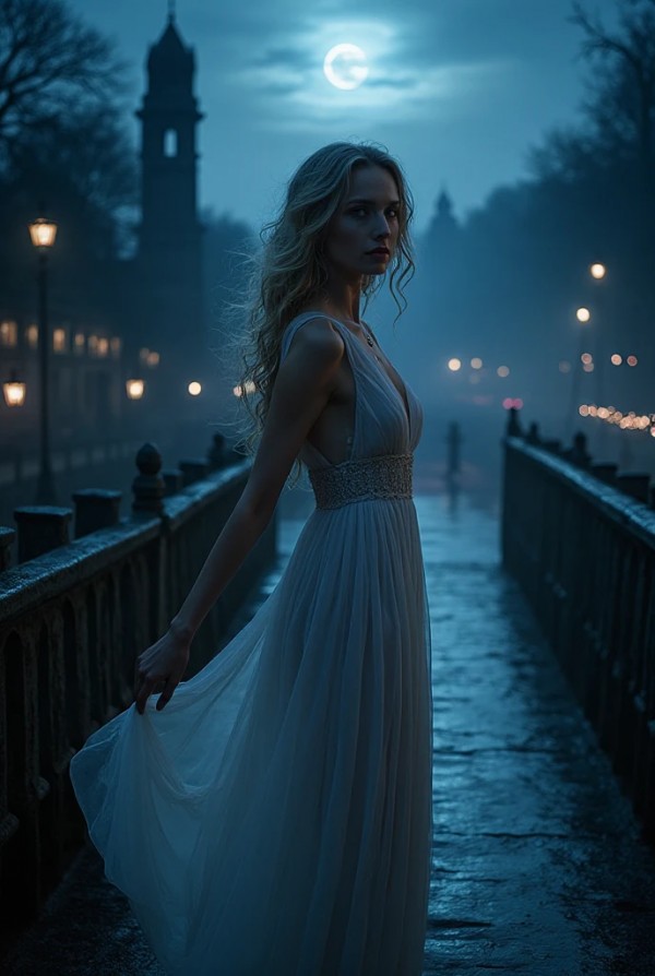 Блондинка в воздушном платье на мосту при лунном свете Блондинка в воздушном платье на мосту при лунном свете