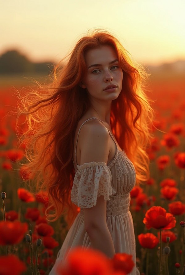 Рыжая в поле с маков и длинными волосами на ветру Рыжая в поле с маков и длинными волосами на ветру