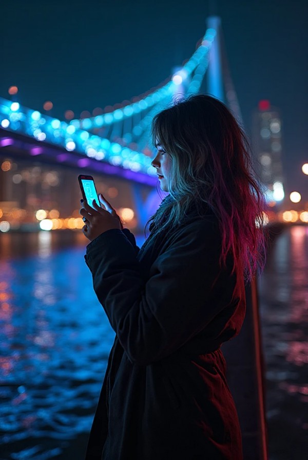 Девушка на мосту с подсветкой, делая ночное фото с отражением в воде Девушка на мосту с подсветкой, делая ночное фото с отражением в воде