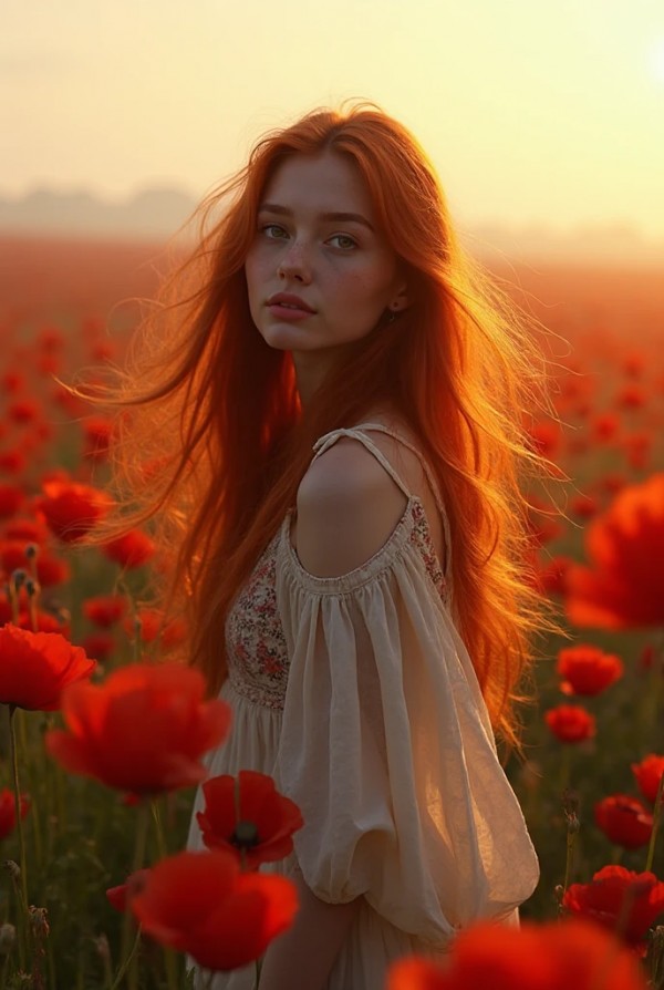 Рыжая в поле с маков и длинными волосами на ветру Рыжая в поле с маков и длинными волосами на ветру