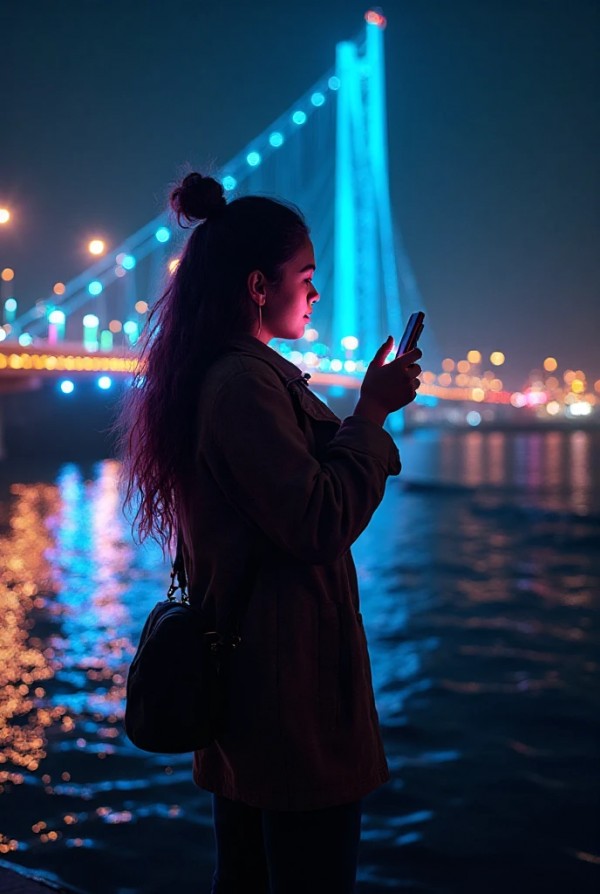 Девушка на мосту с подсветкой, делая ночное фото с отражением в воде Девушка на мосту с подсветкой, делая ночное фото с отражением в воде